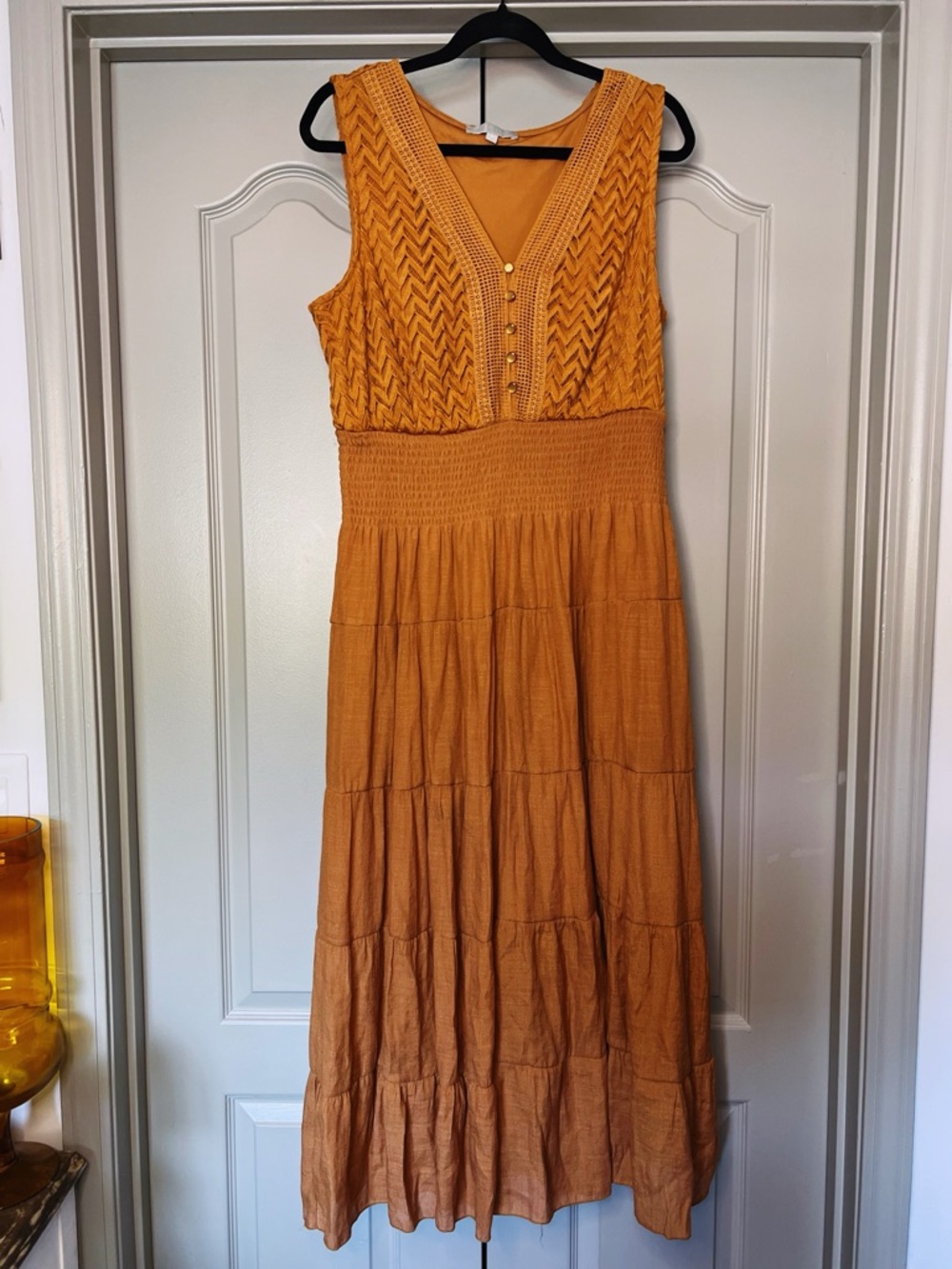 J. Gee Mustard Tiered Maxi Dress XL Boho Crochet Smocked Waist Cottagecore